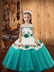 Straps Sleeveless Girls Pageant Dresses Floor Length Embroidery Aqua Blue Organza