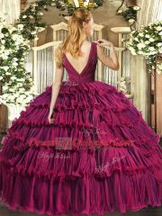 Organza V-neck Sleeveless Backless Beading and Ruffled Layers Quinceanera Dress in Purple