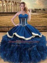 Beautiful Blue Sleeveless Floor Length Beading and Ruffles Lace Up Sweet 16 Dress