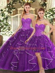 Simple Sleeveless Organza Floor Length Lace Up Sweet 16 Dresses in Eggplant Purple with Beading and Ruffles
