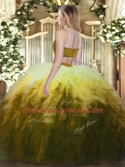 Spectacular Floor Length Backless Ball Gown Prom Dress Multi-color for Military Ball and Sweet 16 and Quinceanera with Beading and Ruffles