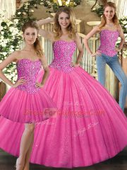 Super Sleeveless Tulle Floor Length Lace Up Vestidos de Quinceanera in Hot Pink with Beading