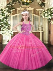 Gorgeous Floor Length Hot Pink Little Girls Pageant Gowns Tulle Sleeveless Beading