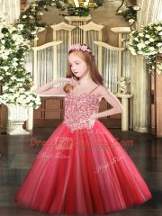 Coral Red Sleeveless Appliques Floor Length Girls Pageant Dresses