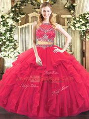 Tulle Scoop Sleeveless Zipper Beading and Ruffles Ball Gown Prom Dress in Coral Red