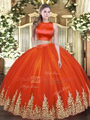 Floor Length Red Quinceanera Gowns Tulle Sleeveless Appliques
