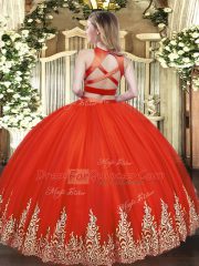 Floor Length Red Quinceanera Gowns Tulle Sleeveless Appliques