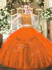 Elegant Rust Red Two Pieces Beading and Ruffles Quinceanera Gowns Zipper Tulle Sleeveless Floor Length