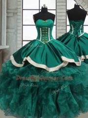 Customized Turquoise Ball Gowns Sweetheart Sleeveless Organza Floor Length Lace Up Beading and Ruffles Sweet 16 Dresses