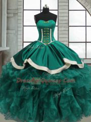 Customized Turquoise Ball Gowns Sweetheart Sleeveless Organza Floor Length Lace Up Beading and Ruffles Sweet 16 Dresses