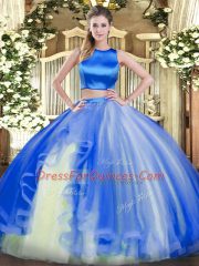 Blue Criss Cross Sweet 16 Quinceanera Dress Ruffles Sleeveless Floor Length