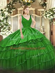 Fitting Green Ball Gowns V-neck Sleeveless Satin and Tulle Floor Length Zipper Beading and Embroidery and Ruffled Layers Quinceanera Dresses