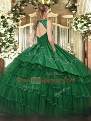 Fitting Green Ball Gowns V-neck Sleeveless Satin and Tulle Floor Length Zipper Beading and Embroidery and Ruffled Layers Quinceanera Dresses