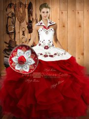 Wine Red Halter Top Neckline Embroidery and Ruffles Quinceanera Gown Sleeveless Lace Up