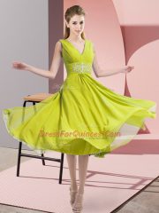 Smart Yellow Green Sleeveless Beading Knee Length Court Dresses for Sweet 16