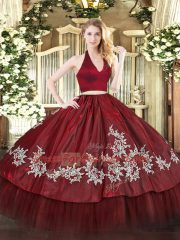 Noble Burgundy Sleeveless Floor Length Appliques Zipper Quince Ball Gowns