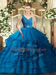 Blue Organza Backless Quinceanera Gowns Sleeveless Floor Length Beading and Ruffles