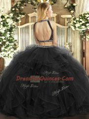 Black Backless Halter Top Ruffles Ball Gown Prom Dress Tulle Sleeveless