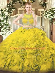 Ball Gowns Sweet 16 Dress Gold Scoop Fabric With Rolling Flowers Sleeveless Floor Length Zipper