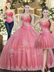 Inexpensive Sweetheart Sleeveless Quinceanera Dress Floor Length Beading and Appliques Rose Pink Tulle