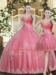 Inexpensive Sweetheart Sleeveless Quinceanera Dress Floor Length Beading and Appliques Rose Pink Tulle