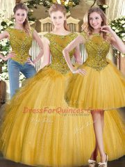 Gold Sleeveless Floor Length Beading and Ruffles Zipper Quinceanera Dress