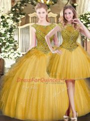 Gold Sleeveless Floor Length Beading and Ruffles Zipper Quinceanera Dress