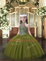 Olive Green Lace Up Little Girls Pageant Dress Wholesale Beading Sleeveless Floor Length