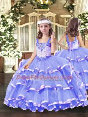 Fine Lavender Ball Gowns Beading and Ruffled Layers Quince Ball Gowns Lace Up Tulle Sleeveless Floor Length
