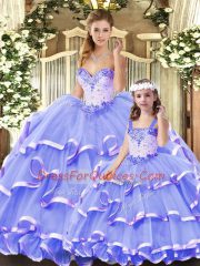 Fine Lavender Ball Gowns Beading and Ruffled Layers Quince Ball Gowns Lace Up Tulle Sleeveless Floor Length