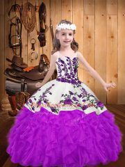 Purple Sleeveless Floor Length Beading and Embroidery and Ruffles Lace Up Girls Pageant Dresses
