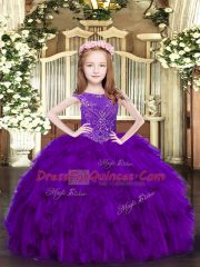 Sleeveless Organza Floor Length Zipper Pageant Dress for Teens in Purple with Beading and Ruffles