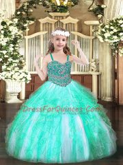 Admirable Apple Green Sleeveless Floor Length Beading and Ruffles Lace Up Glitz Pageant Dress