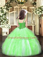 Admirable Apple Green Sleeveless Floor Length Beading and Ruffles Lace Up Glitz Pageant Dress