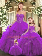 Eggplant Purple Lace Up Quinceanera Gowns Beading and Ruffles Sleeveless Floor Length