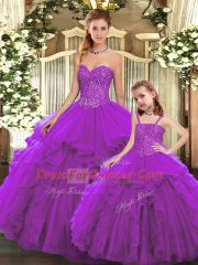 Eggplant Purple Lace Up Quinceanera Gowns Beading and Ruffles Sleeveless Floor Length
