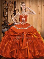 Exceptional Rust Red Ball Gowns Satin and Organza Sweetheart Sleeveless Embroidery and Ruffles Floor Length Lace Up Sweet 16 Dress