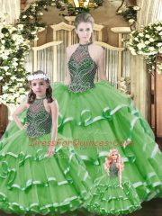 Top Selling Green Lace Up Quinceanera Dresses Beading and Ruffled Layers Sleeveless Floor Length