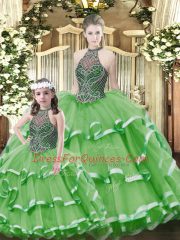 Top Selling Green Lace Up Quinceanera Dresses Beading and Ruffled Layers Sleeveless Floor Length