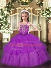 Purple Lace Up Straps Beading and Ruffled Layers Girls Pageant Dresses Organza Sleeveless