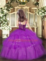 Purple Lace Up Straps Beading and Ruffled Layers Girls Pageant Dresses Organza Sleeveless