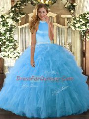 Ideal Baby Blue Organza Backless 15 Quinceanera Dress Sleeveless Floor Length Beading and Ruffles