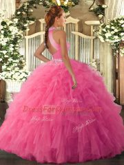 Ideal Baby Blue Organza Backless 15 Quinceanera Dress Sleeveless Floor Length Beading and Ruffles