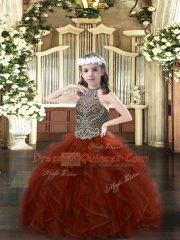 Low Price Halter Top Sleeveless Organza Little Girls Pageant Gowns Beading and Ruffles Lace Up