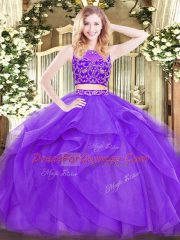 Great Two Pieces Sweet 16 Quinceanera Dress Lavender Scoop Tulle Sleeveless Floor Length Zipper