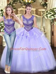 Most Popular Lavender Ball Gowns Scoop Sleeveless Tulle Floor Length Lace Up Beading and Ruffles Ball Gown Prom Dress