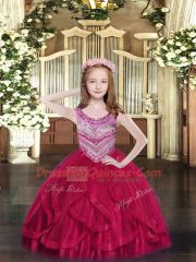 Hot Pink Scoop Lace Up Beading and Ruffles Custom Made Pageant Dress Sleeveless