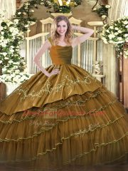 Simple Brown Ball Gowns Straps Sleeveless Organza and Taffeta Floor Length Zipper Embroidery and Ruffled Layers Sweet 16 Quinceanera Dress