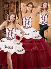 Discount Burgundy Ball Gowns Embroidery and Ruffled Layers 15th Birthday Dress Lace Up Tulle Sleeveless