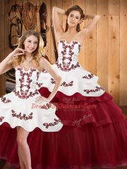 Discount Burgundy Ball Gowns Embroidery and Ruffled Layers 15th Birthday Dress Lace Up Tulle Sleeveless